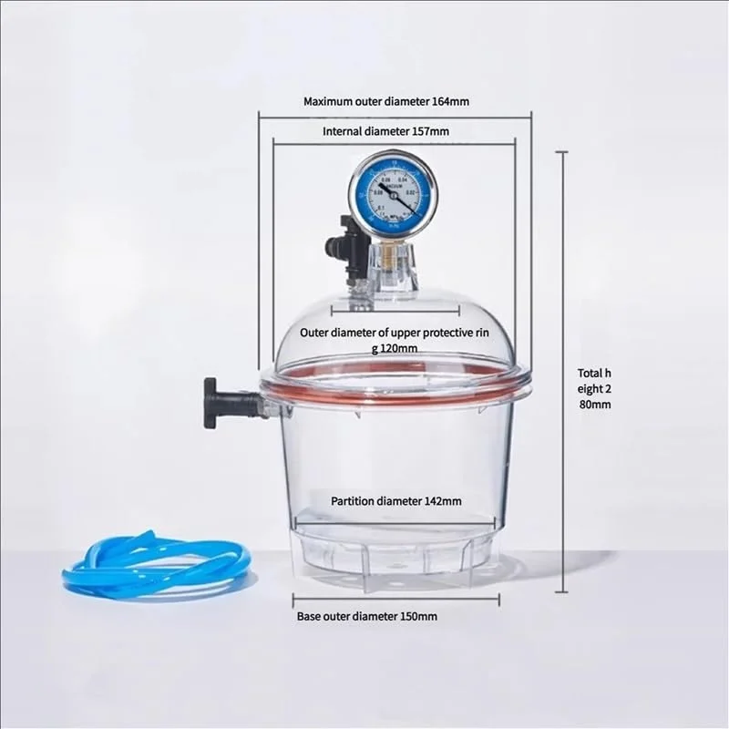 ظروف شیشه ای آزمایشگاهی 150 میلی متری، مخزن ذخیره سازی خلاء پلاستیکی شفاف آزمایشگاهی با گیج فشار و شیر (150 میلی متر) ظروف شیشه ای آزمایشگاهی 150 میلی متری، مخزن ذخیره سازی خلاء پلاستیکی شفاف آزمایشگاهی با گیج فشار و شیر (150 میلی متر)