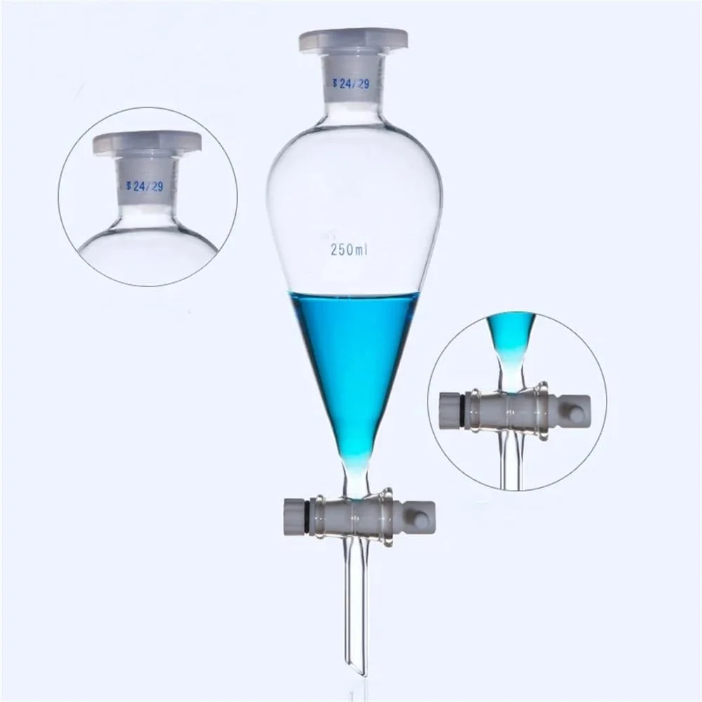 قیف جداکننده گلابی شکل شیشه ای آزمایشگاهی با درپوش شیشه ای (1000 میلی لیتر) قیف جداکننده گلابی شکل شیشه ای آزمایشگاهی با درپوش شیشه ای (1000 میلی لیتر)