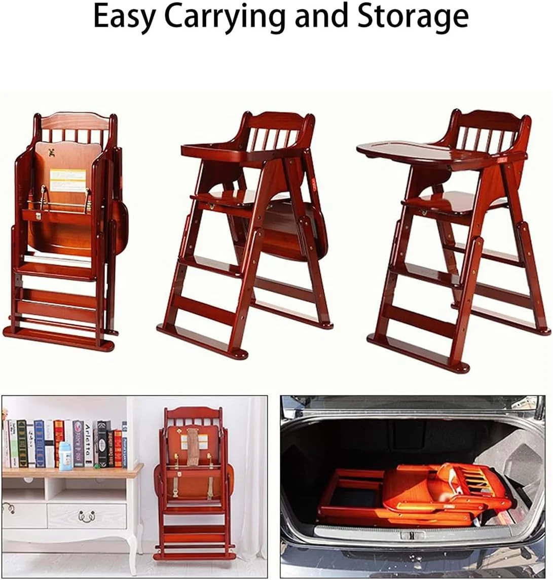 صندلی غذای کودک چوبی GT-WHEEL، تاشو و با ارتفاع قابل تنظیم، با سینی غذای جداشدنی - طراحی جمع و جور برای نگهداری آسان (قرمز گیلاسی)