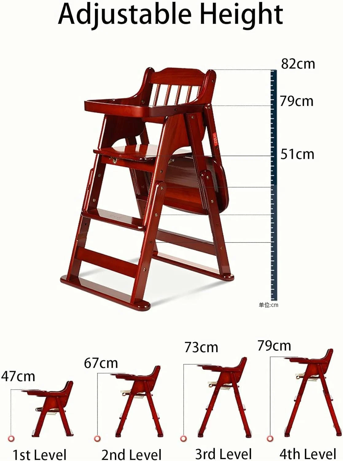 صندلی غذای کودک چرخ دار GT، طراحی چوبی، تاشو با ارتفاع قابل تنظیم (قرمز گیلاسی)