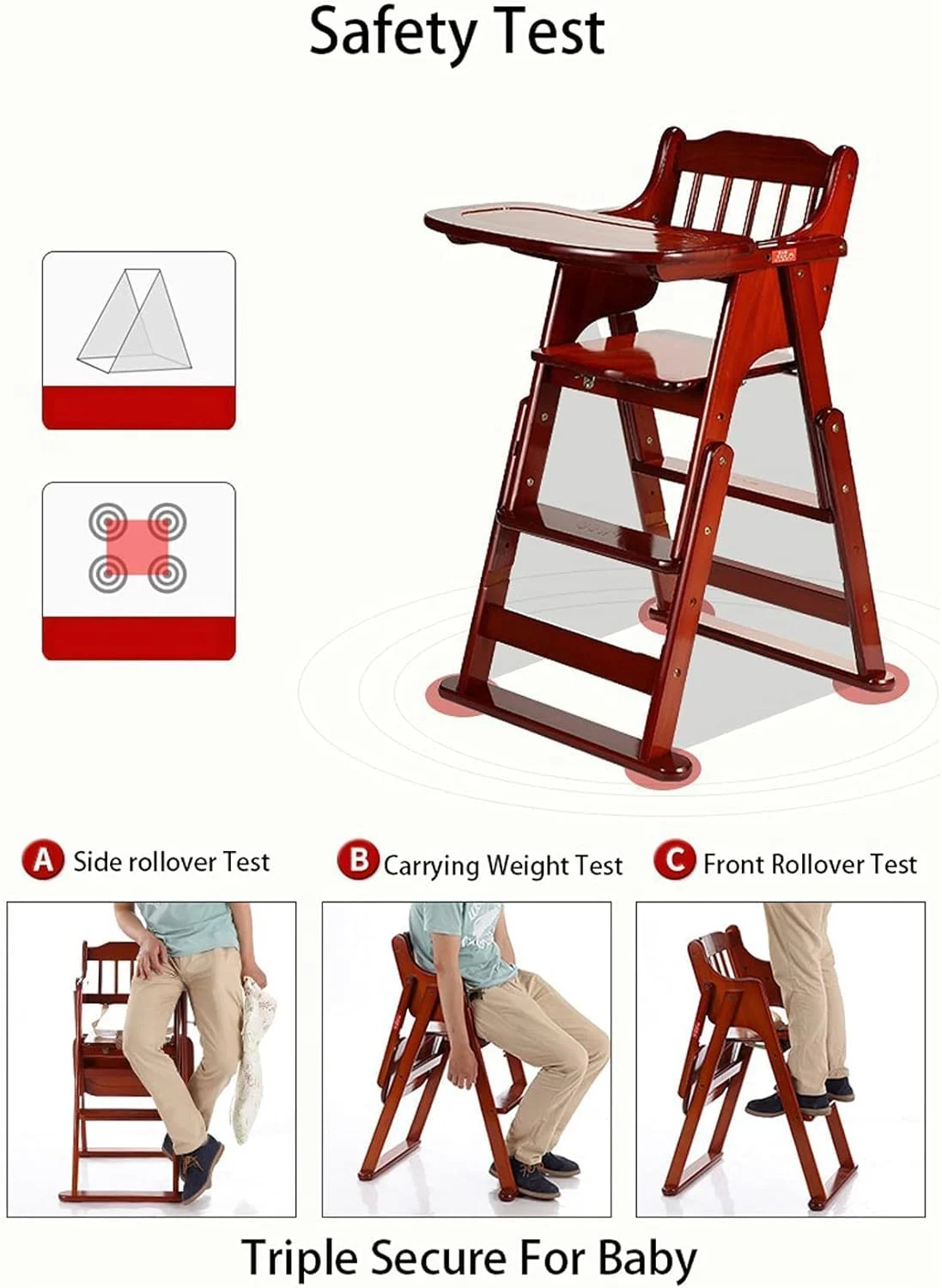 صندلی غذای کودک چرخ دار GT، طراحی چوبی، تاشو با ارتفاع قابل تنظیم (قرمز گیلاسی)