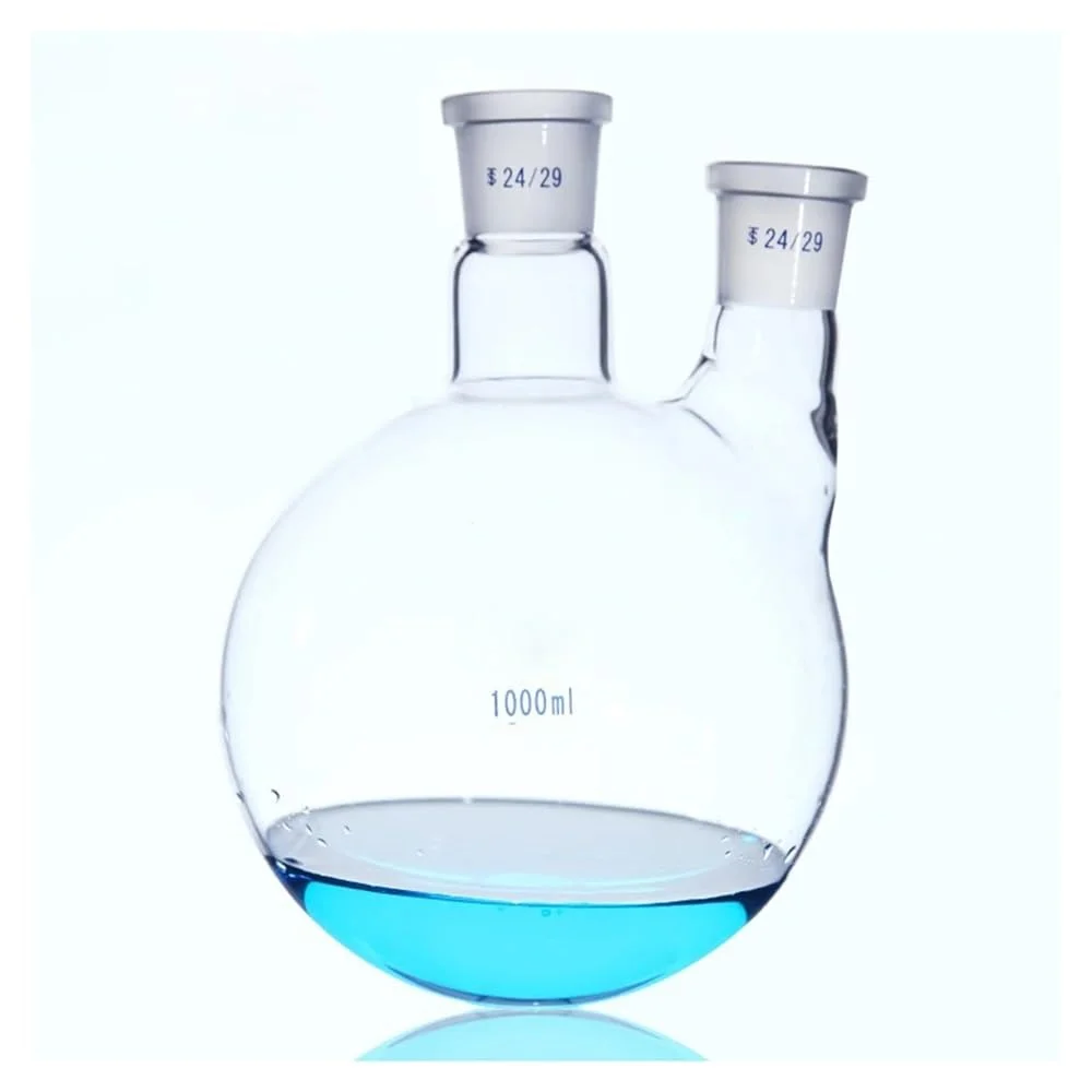 ظروف شیشه ای آزمایشگاهی 1 عدد فلاسک ته گرد با دو گردن، اتصالات استاندارد شیشه ای، حجم 50 تا 2000 میلی لیتر (100 میلی لیتر 19x19)