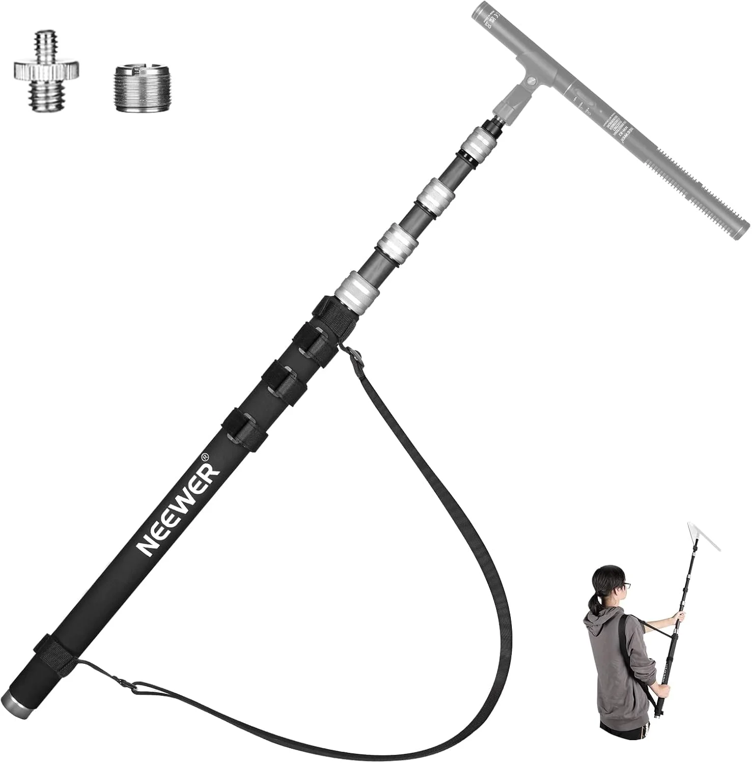 بازوی میکروفون تلسکوپی ارتقا یافته NEEWER، میله بوم میکروفون فیبر کربنی 300 سانتی متری با 5 بخش، آداپتورهای پیچ 1/4 اینچ، 3/8 اینچ، 5/8 اینچ، بندهای کابل، بند شانه و کیف نگهداری، MS-300C