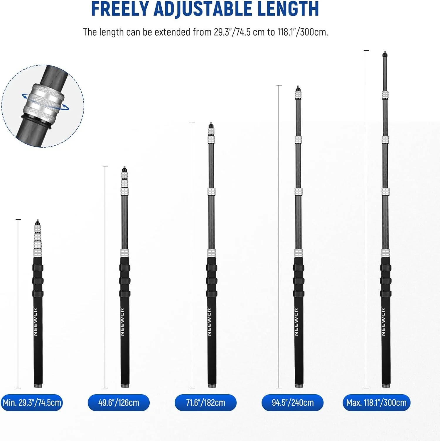 بازوی میکروفون تلسکوپی ارتقا یافته NEEWER، میله بوم میکروفون فیبر کربنی 300 سانتی متری با 5 بخش، آداپتورهای پیچ 1/4 اینچ، 3/8 اینچ، 5/8 اینچ، بندهای کابل، بند شانه و کیف نگهداری، MS-300C بازوی میکروفون تلسکوپی ارتقا یافته NEEWER، میله بوم میکروفون فیبر کربنی 300 سانتی متری با 5 بخش، آداپتورهای پیچ 1/4 اینچ، 3/8 اینچ، 5/8 اینچ، بندهای کابل، بند شانه و کیف نگهداری، MS-300C