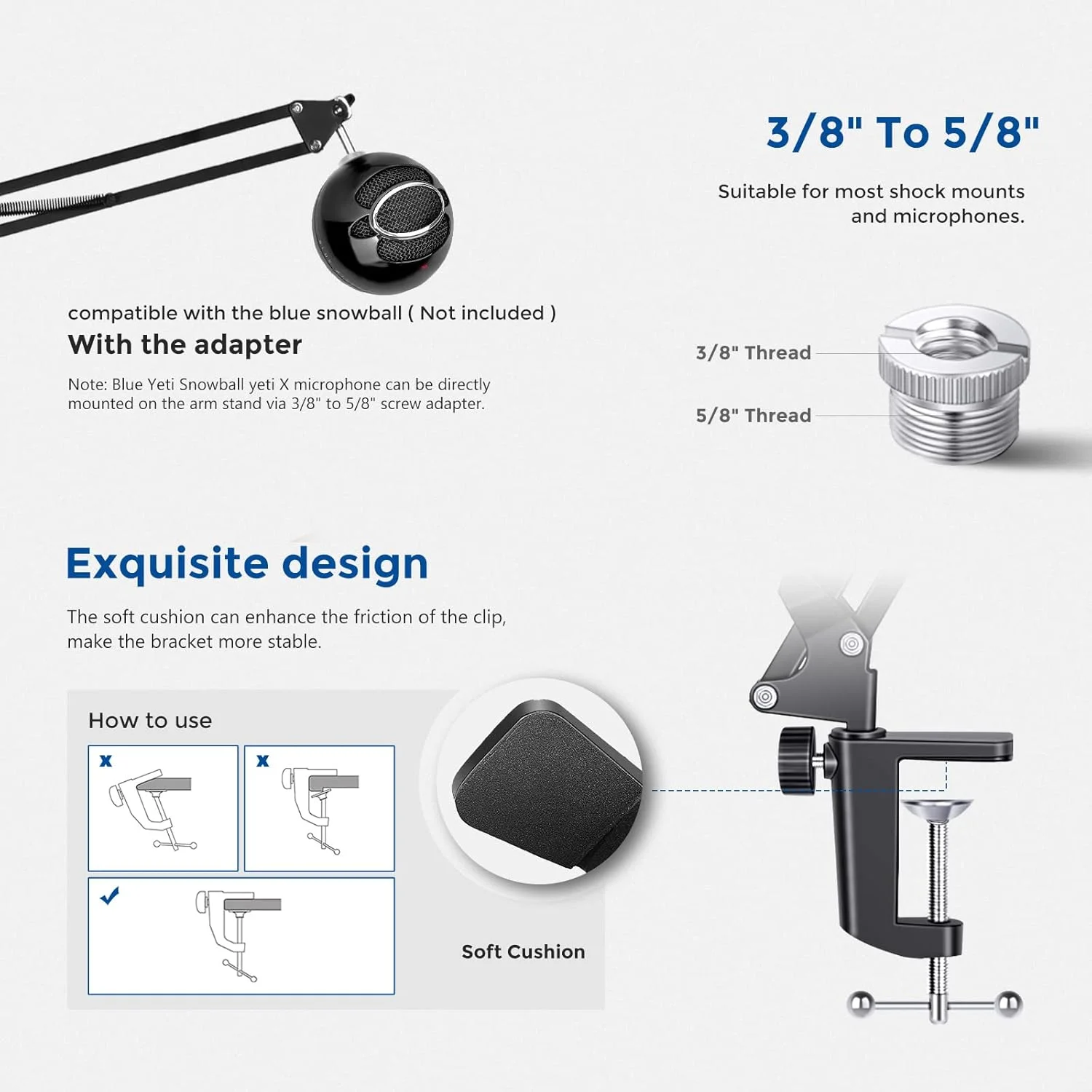 پایه بازویی میکروفون Neewer، پایه بازویی قیچی دار با پیچ 3/8 اینچ به 5/8 اینچ و بست های کابل سازگار با Blue Yeti، Snowball، Yeti X، Quadcast و سایر میکروفون ها، حداکثر بار 1.5 کیلوگرم