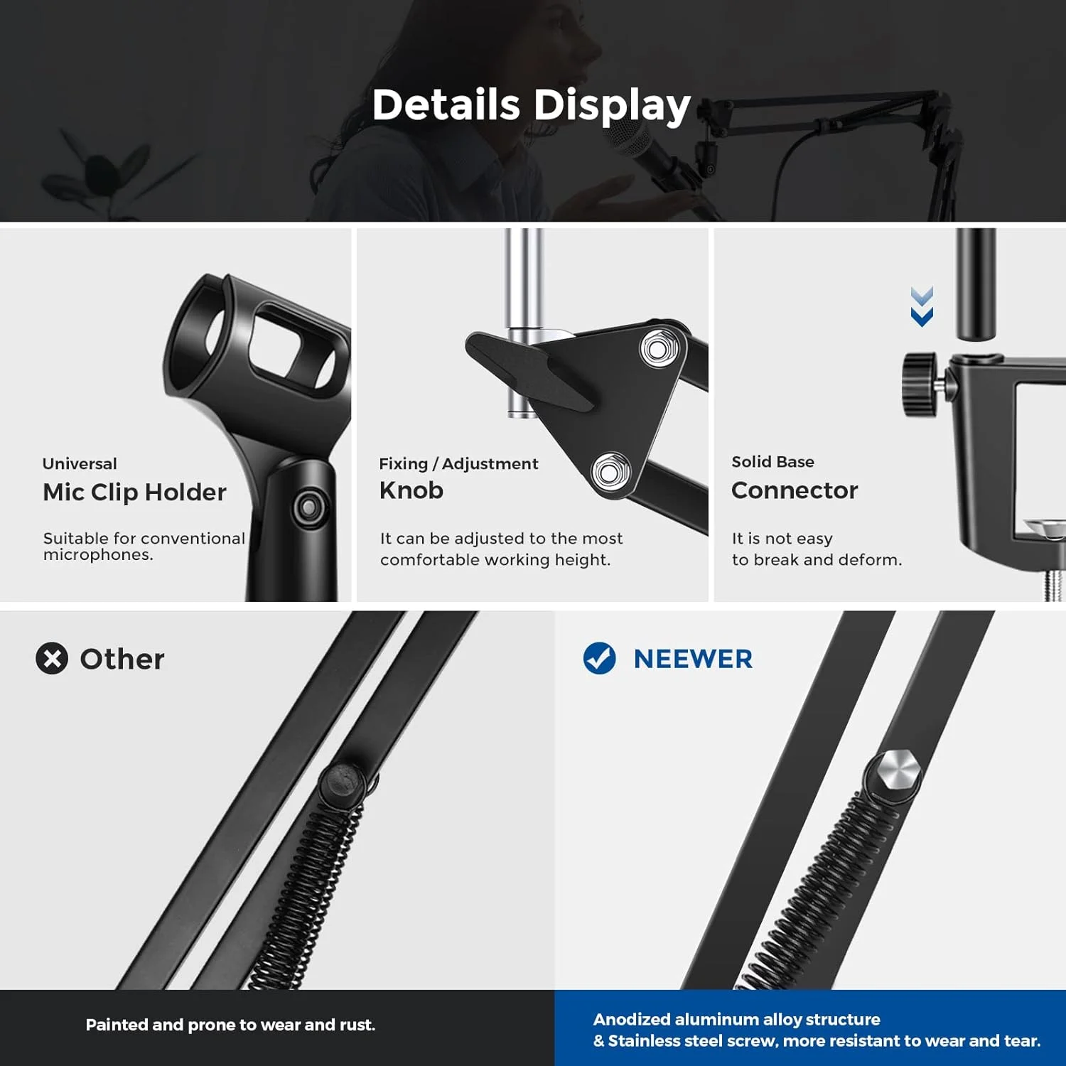 پایه بازویی میکروفون Neewer، پایه بازویی قیچی دار با پیچ 3/8 اینچ به 5/8 اینچ و بست های کابل سازگار با Blue Yeti، Snowball، Yeti X، Quadcast و سایر میکروفون ها، حداکثر بار 1.5 کیلوگرم
