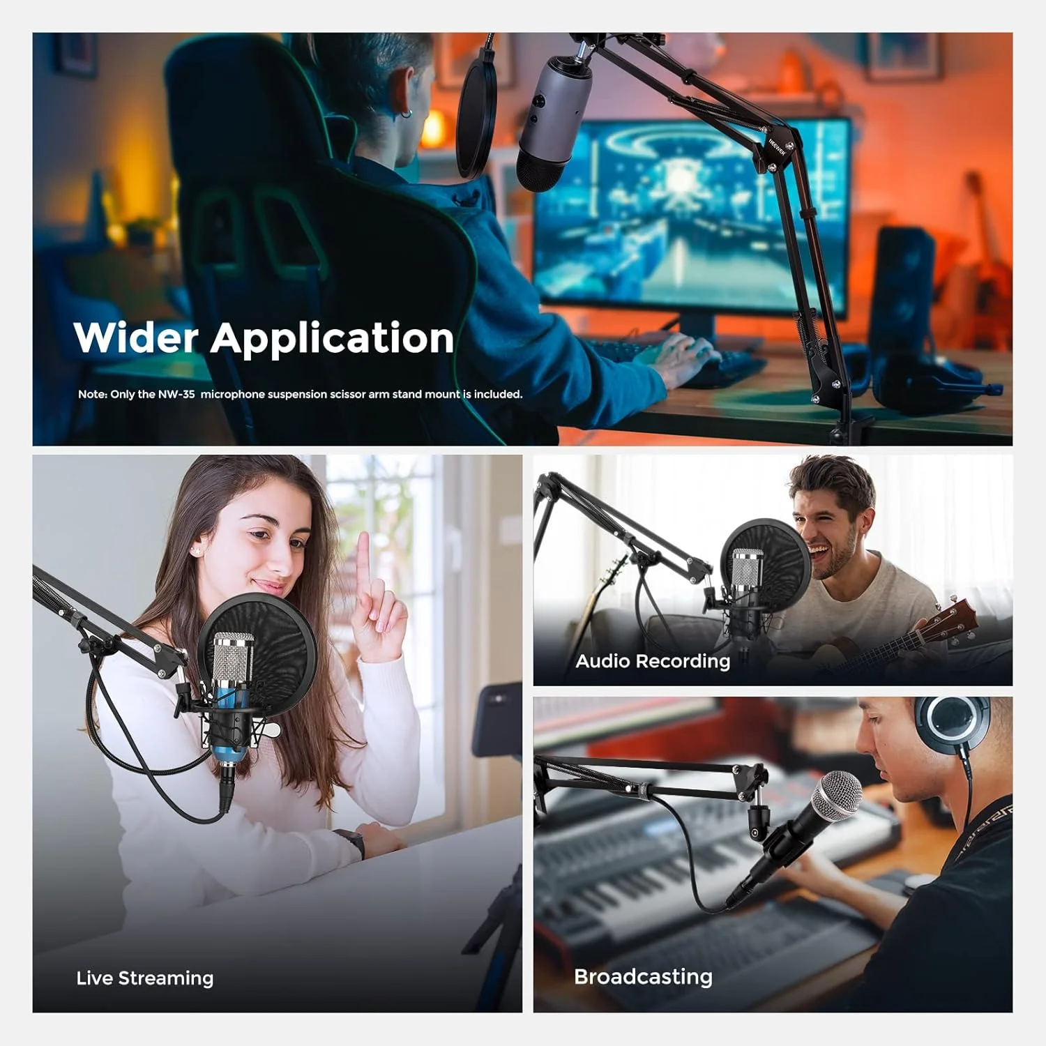 پایه بازویی میکروفون Neewer، پایه بازویی قیچی دار با پیچ 3/8 اینچ به 5/8 اینچ و بست های کابل سازگار با Blue Yeti، Snowball، Yeti X، Quadcast و سایر میکروفون ها، حداکثر بار 1.5 کیلوگرم