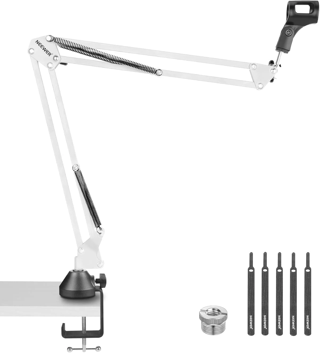 پایه میکروفون بازویی قیچی NEEWER، پایه رومیزی بازویی میکروفون با پیچ 3/8 اینچ به 5/8 اینچ، بست کابل سازگار با Blue Yeti Snowball Yeti X Quadcast، حداکثر بار 1.5 کیلوگرم، NW-35، سفید
