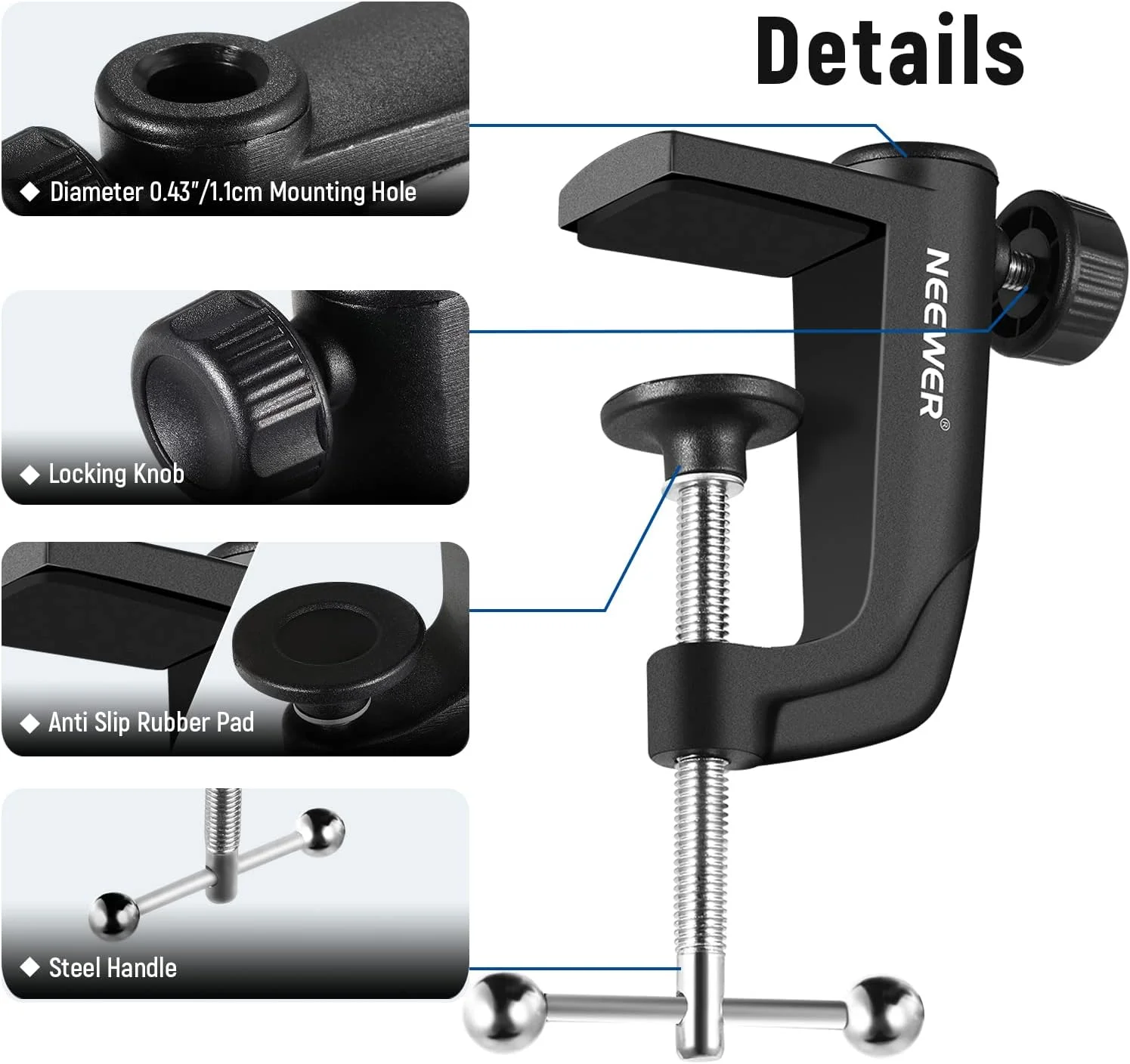 گیره فلزی رومیزی NEEWER برای پایه بازویی قیچی میکروفون با پیچ تنظیم موقعیت، مناسب برای ضخامت میز تا 1.9 اینچ/5 سانتی متر (مشکی) گیره فلزی رومیزی NEEWER برای پایه بازویی قیچی میکروفون با پیچ تنظیم موقعیت، مناسب برای ضخامت میز تا 1.9 اینچ/5 سانتی متر (مشکی)
