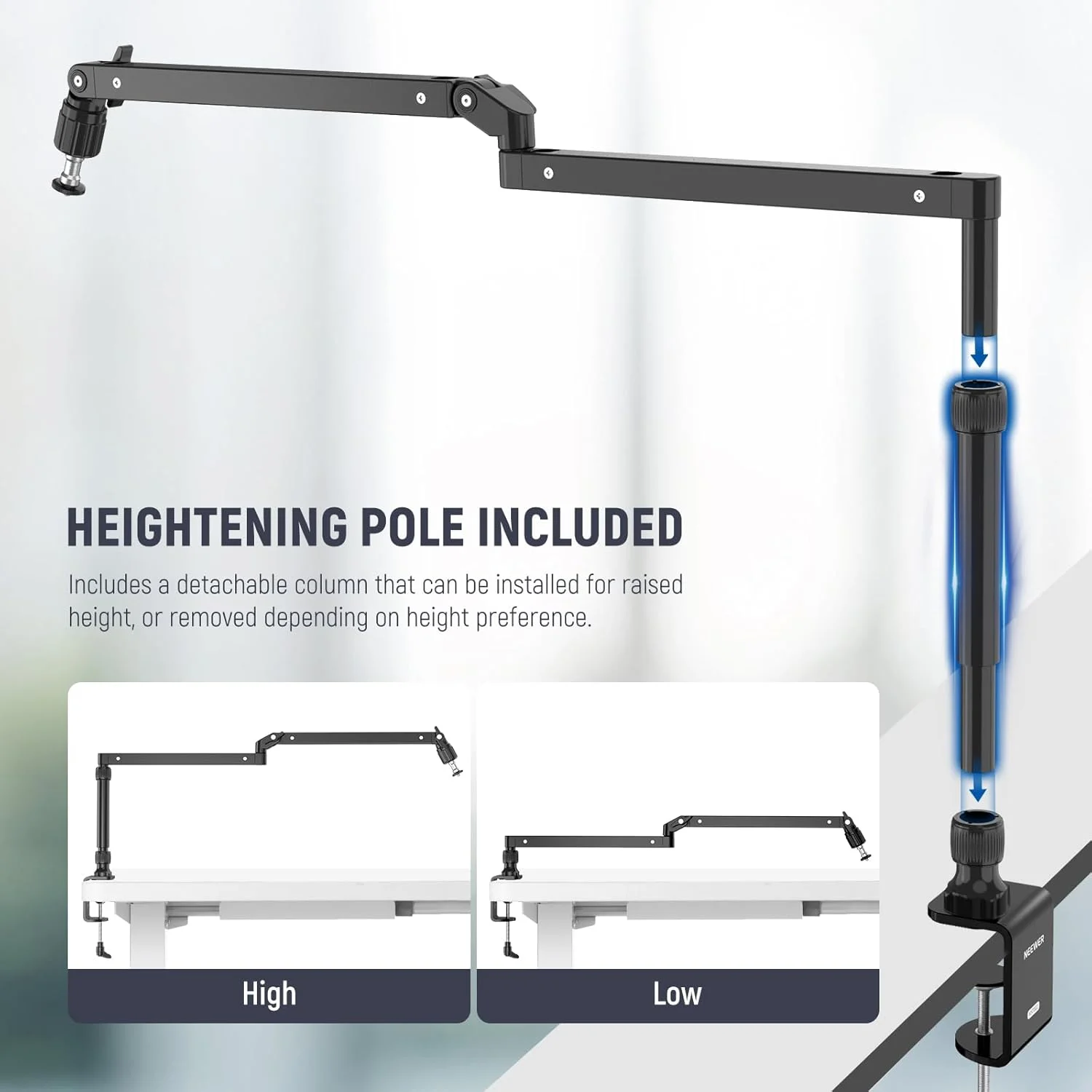 پایه بازوی میکروفون کم ارتفاع NEEWER با میرایی، بازوهای بوم مفصلی چرخان 360 درجه با میله افزایش ارتفاع و کانال های مدیریت کابل برای پادکست میکروفون بازی تماس های زوم، MST002