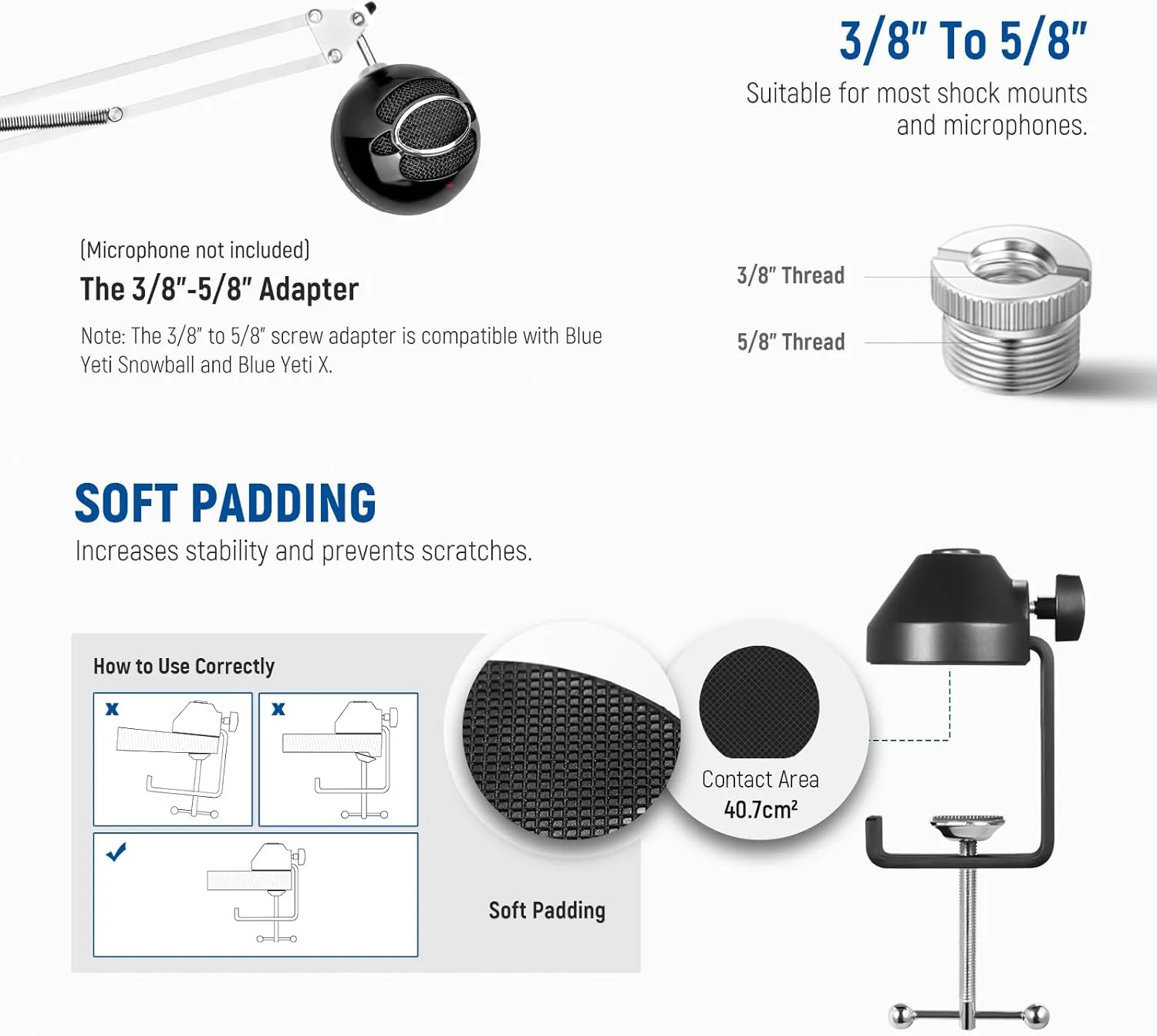 پایه میکروفون بازویی قیچی NEEWER، پایه رومیزی بازویی میکروفون با پیچ 3/8 اینچ به 5/8 اینچ، بست کابل سازگار با Blue Yeti Snowball Yeti X Quadcast، حداکثر بار 1.5 کیلوگرم، NW-35، سفید