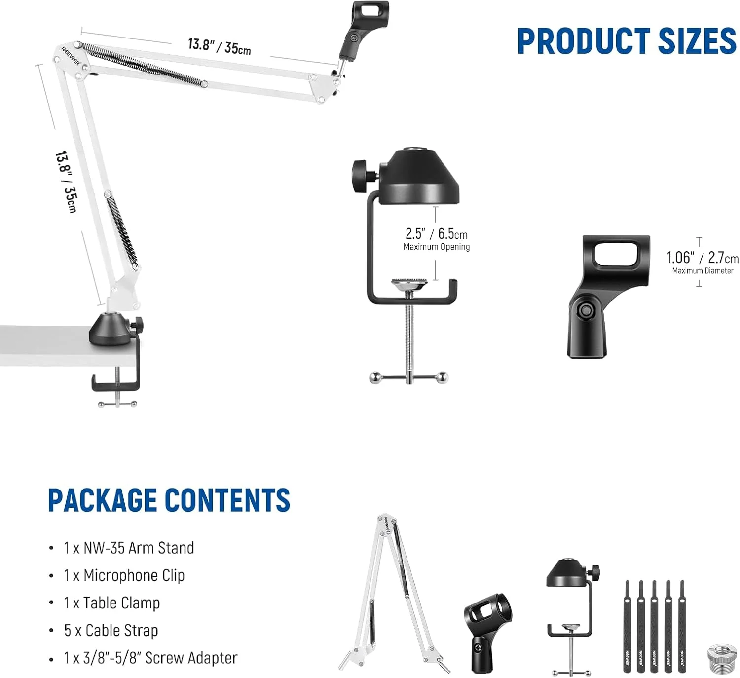 پایه میکروفون بازویی قیچی NEEWER، پایه رومیزی بازویی میکروفون با پیچ 3/8 اینچ به 5/8 اینچ، بست کابل سازگار با Blue Yeti Snowball Yeti X Quadcast، حداکثر بار 1.5 کیلوگرم، NW-35، سفید