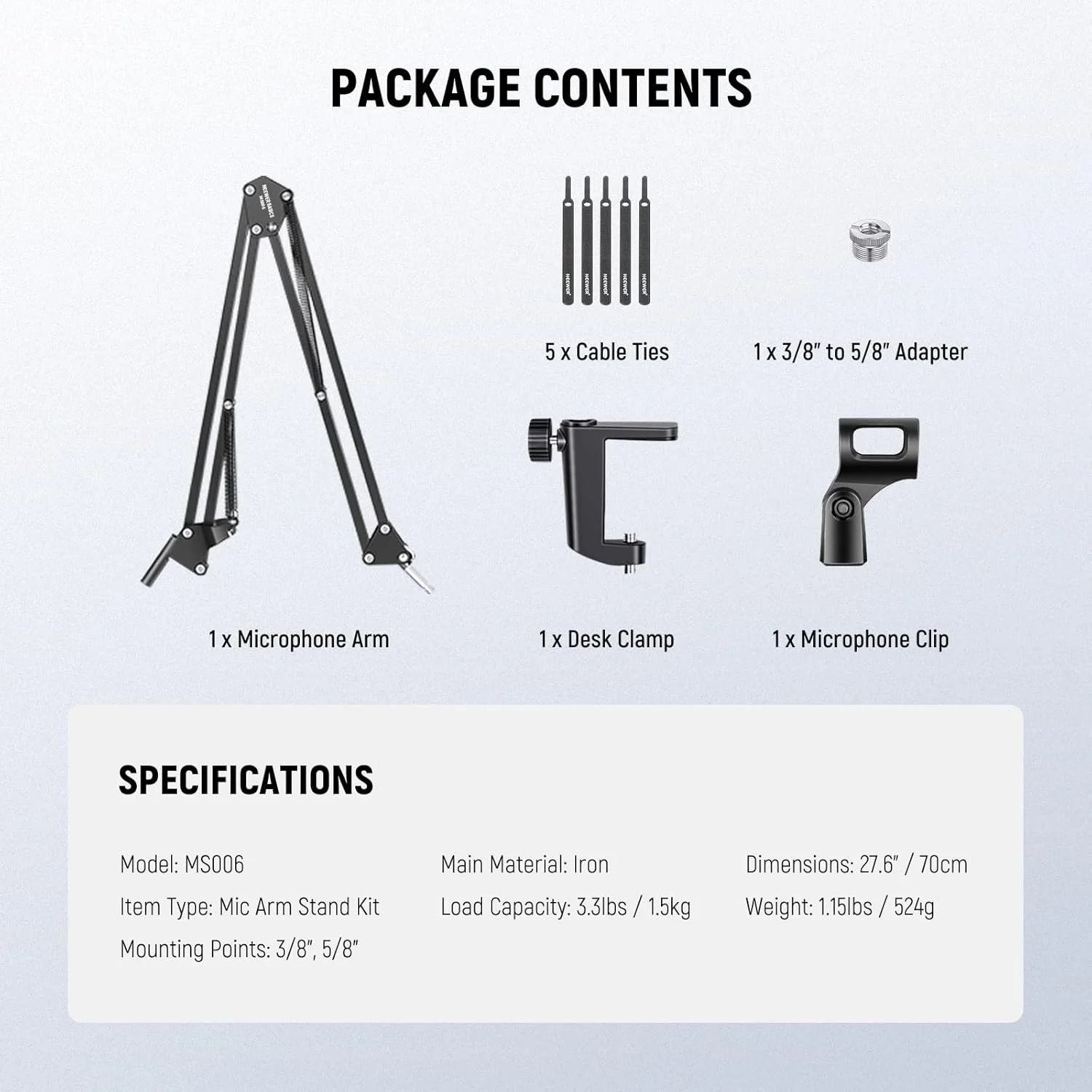 پایه بازوی میکروفون NEEWER، بازوی بوم قیچی تعلیق دار با گیره و آداپتور 3/8 اینچ به 5/8 اینچ سازگار با Blue Yeti Snowball HyperX QuadCast SoloCast Shure، حداکثر بار 1.5 کیلوگرم، MS006