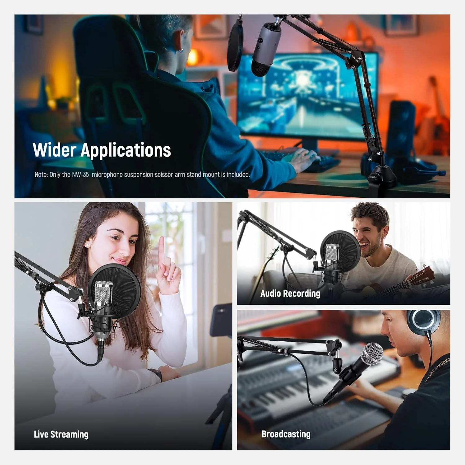 پایه بازوی میکروفون NEEWER، پایه بازوی قیچی بوم تعلیق میکروفون با پیچ 3/8 اینچ به 5/8 اینچ و بست های کابل، سازگار با Blue Yeti Snowball Yeti X Quadcast و غیره. حداکثر بار 1.5 کیلوگرم