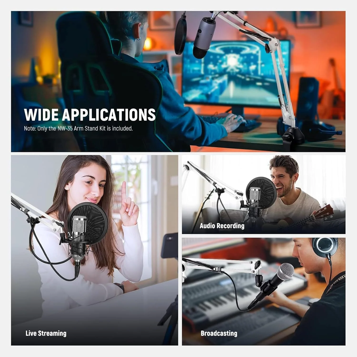 پایه میکروفون بازویی قیچی NEEWER، پایه رومیزی بازویی میکروفون با پیچ 3/8 اینچ به 5/8 اینچ، بست کابل سازگار با Blue Yeti Snowball Yeti X Quadcast، حداکثر بار 1.5 کیلوگرم، NW-35، سفید