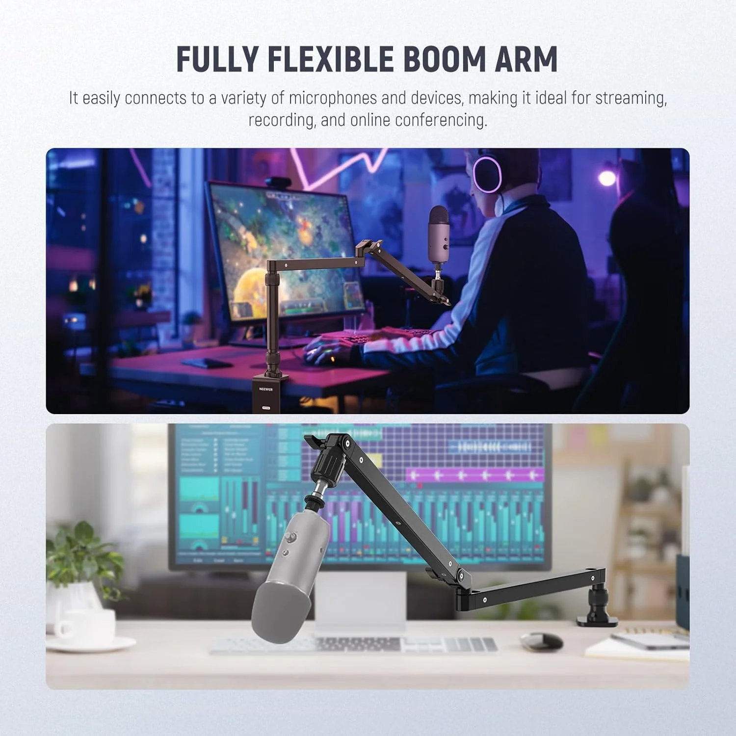 پایه بازوی میکروفون کم ارتفاع NEEWER با میرایی، بازوهای بوم مفصلی چرخان 360 درجه با میله افزایش ارتفاع و کانال های مدیریت کابل برای پادکست میکروفون بازی تماس های زوم، MST002