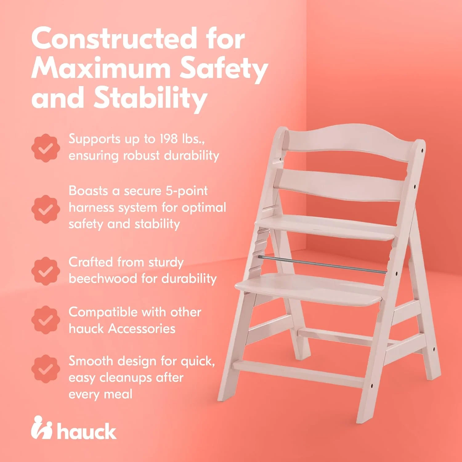 صندلی غذای چوبی هاوک مدل Alpha+، رز - چوب راش دارای گواهینامه FSC، مناسب از 6 ماهگی تا بزرگسالی، صندلی غذاخوری و سرگرمی کودک