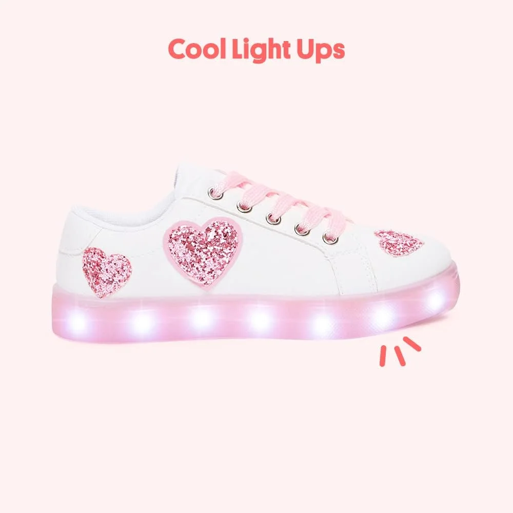 کفش کتانی چراغ دار دخترانه FabKids با طرح قلب اکلیلی، کفش سفید بندی تنیس ساق کوتاه مناسب سایز 13 کودکان کفش کتانی چراغ دار دخترانه FabKids با طرح قلب اکلیلی، کفش سفید بندی تنیس ساق کوتاه مناسب سایز 13 کودکان