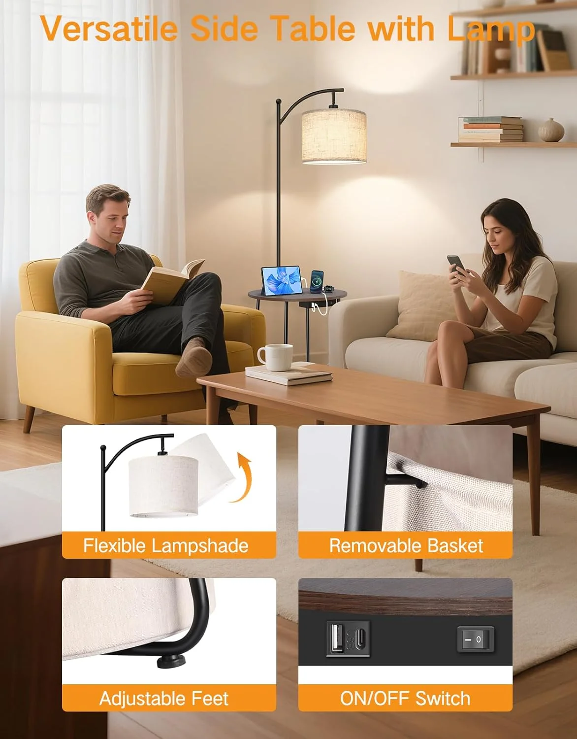 چراغ ایستاده OUTON با میز گرد، میز کنار تخت با ایستگاه شارژ، 2 پورت USB، سبد ذخیره سازی، 3 دمای رنگ، میز کنار تختی فلزی چوبی، میز انتهایی برای اتاق نشیمن، اتاق خواب، گردویی چراغ ایستاده OUTON با میز گرد، میز کنار تخت با ایستگاه شارژ، 2 پورت USB، سبد ذخیره سازی، 3 دمای رنگ، میز کنار تختی فلزی چوبی، میز انتهایی برای اتاق نشیمن، اتاق خواب، گردویی