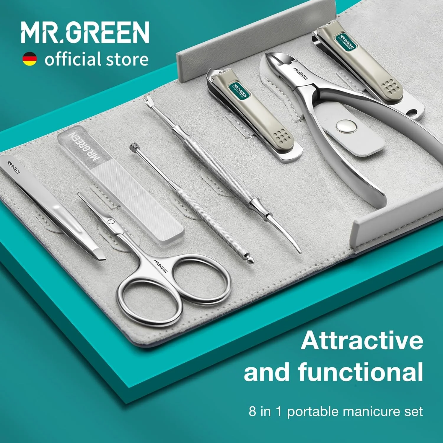 ست مانیکور MR.GREEN مدل 8 در 1، ست پدیکور، ابزار مراقبت شخصی استیل ضد زنگ با کیف چرمی میکروفایبر (Mr-6658) ست مانیکور MR.GREEN مدل 8 در 1، ست پدیکور، ابزار مراقبت شخصی استیل ضد زنگ با کیف چرمی میکروفایبر (Mr-6658)