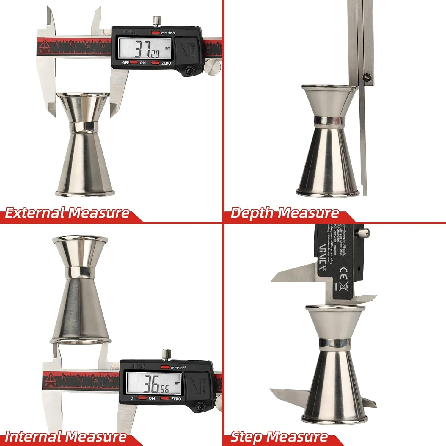 کولیس دیجیتال الکترونیکی ورنیه VINCA DCLA-0605، ابزار اندازه گیری فولادی ضد زنگ با صفحه نمایش LCD بزرگ 0-6 اینچ/150 میلی متر، اینچ/متریک/کسری، قرمز/مشکی