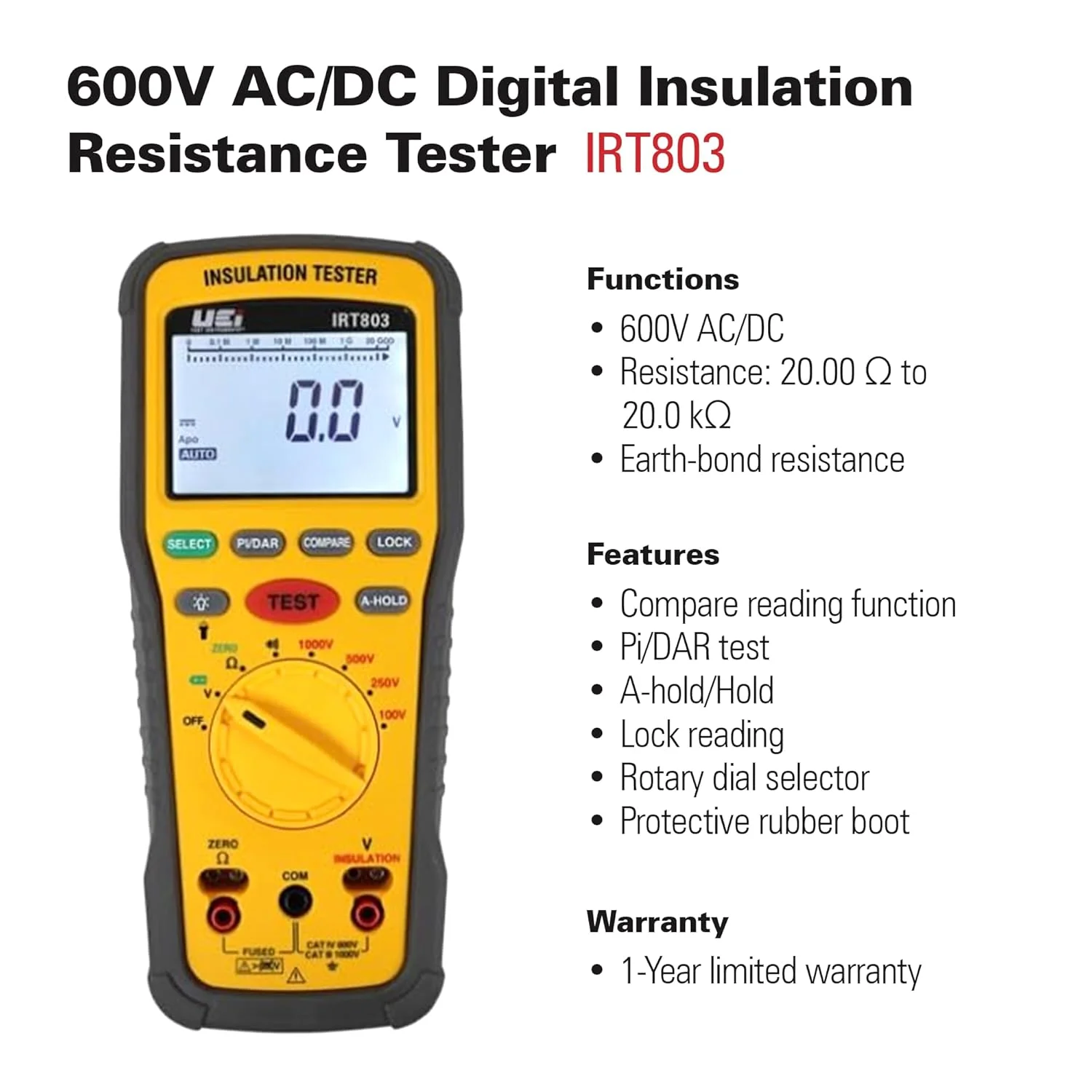 تستر مقاومت عایق UEi Test Instruments IRT803، 600 ولت AC/DC، مگااهم متر مقاومت عایق را تا 20GΩ اندازه گیری می کند، تست ولتاژ تا 600 ولت تستر مقاومت عایق UEi Test Instruments IRT803، 600 ولت AC/DC، مگااهم متر مقاومت عایق را تا 20GΩ اندازه گیری می کند، تست ولتاژ تا 600 ولت
