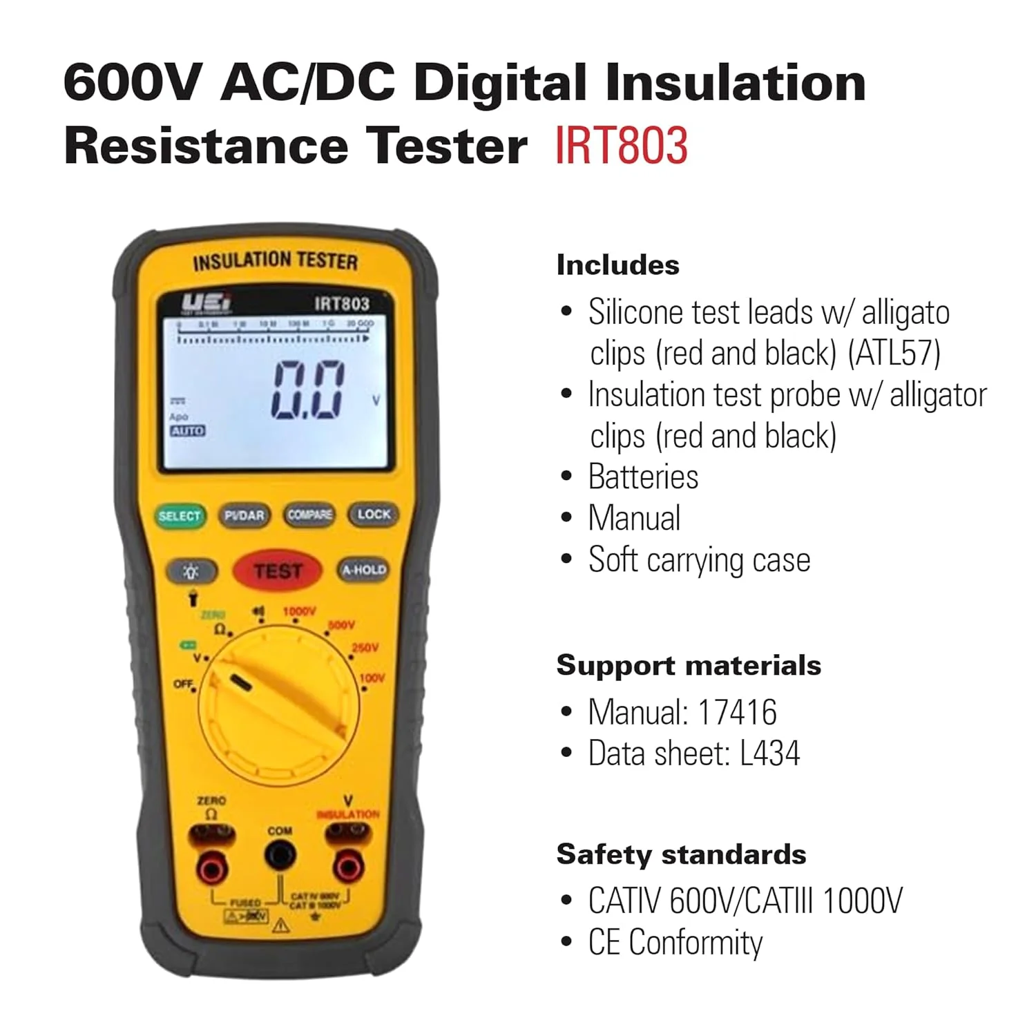 تستر مقاومت عایق UEi Test Instruments IRT803، 600 ولت AC/DC، مگااهم متر مقاومت عایق را تا 20GΩ اندازه گیری می کند، تست ولتاژ تا 600 ولت تستر مقاومت عایق UEi Test Instruments IRT803، 600 ولت AC/DC، مگااهم متر مقاومت عایق را تا 20GΩ اندازه گیری می کند، تست ولتاژ تا 600 ولت