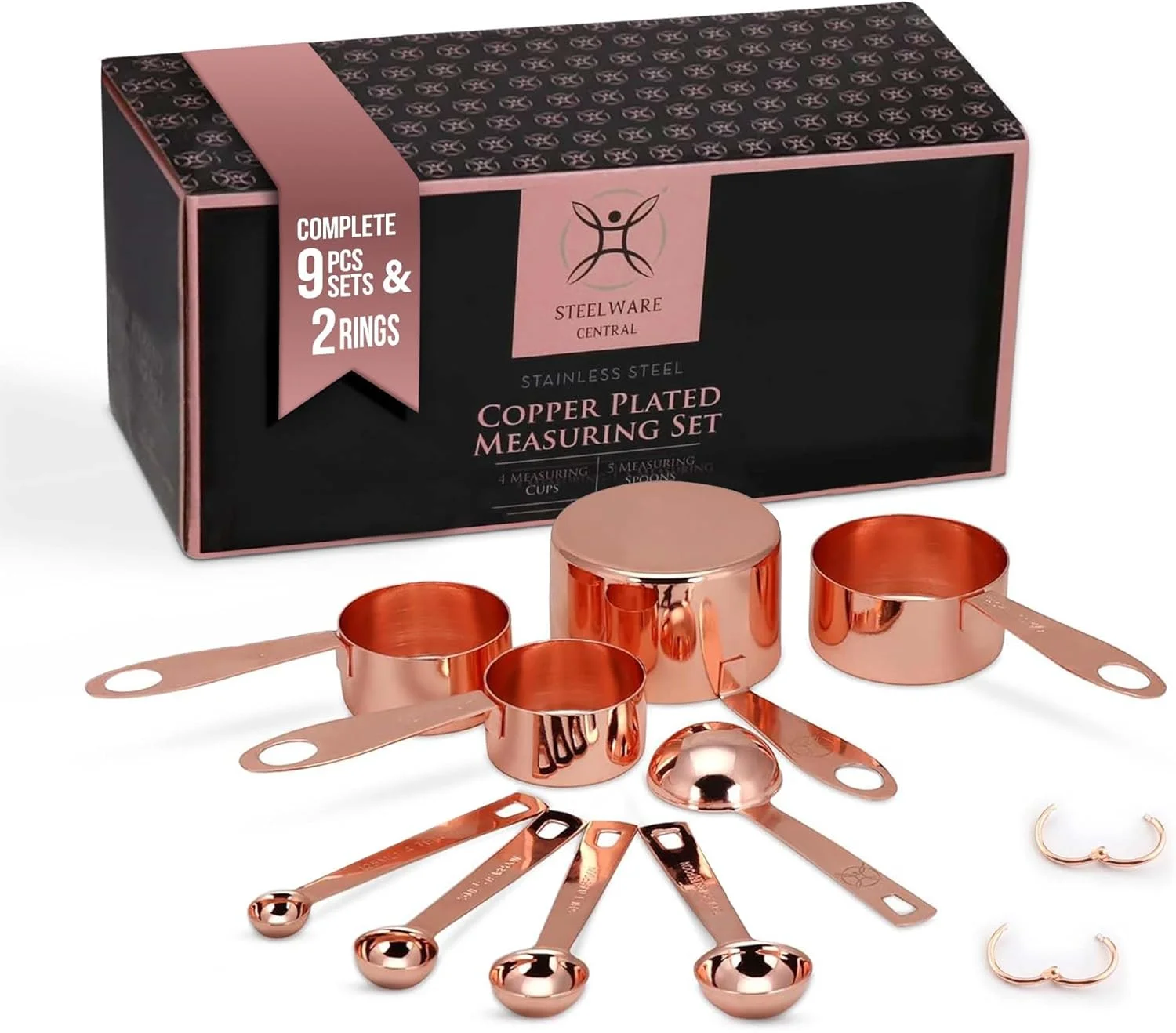 ست پیمانه و قاشق اندازه گیری مسی Steelware Central، 9 تکه | روکش مس استیل ضد زنگ | رزگلد | علائم حک شده | ابزار آشپزخانه پخت و پز تودرتو و قابل چیدن | ست پیمانه و قاشق اندازه گیری مسی Steelware Central، 9 تکه | روکش مس استیل ضد زنگ | رزگلد | علائم حک شده | ابزار آشپزخانه پخت و پز تودرتو و قابل چیدن |