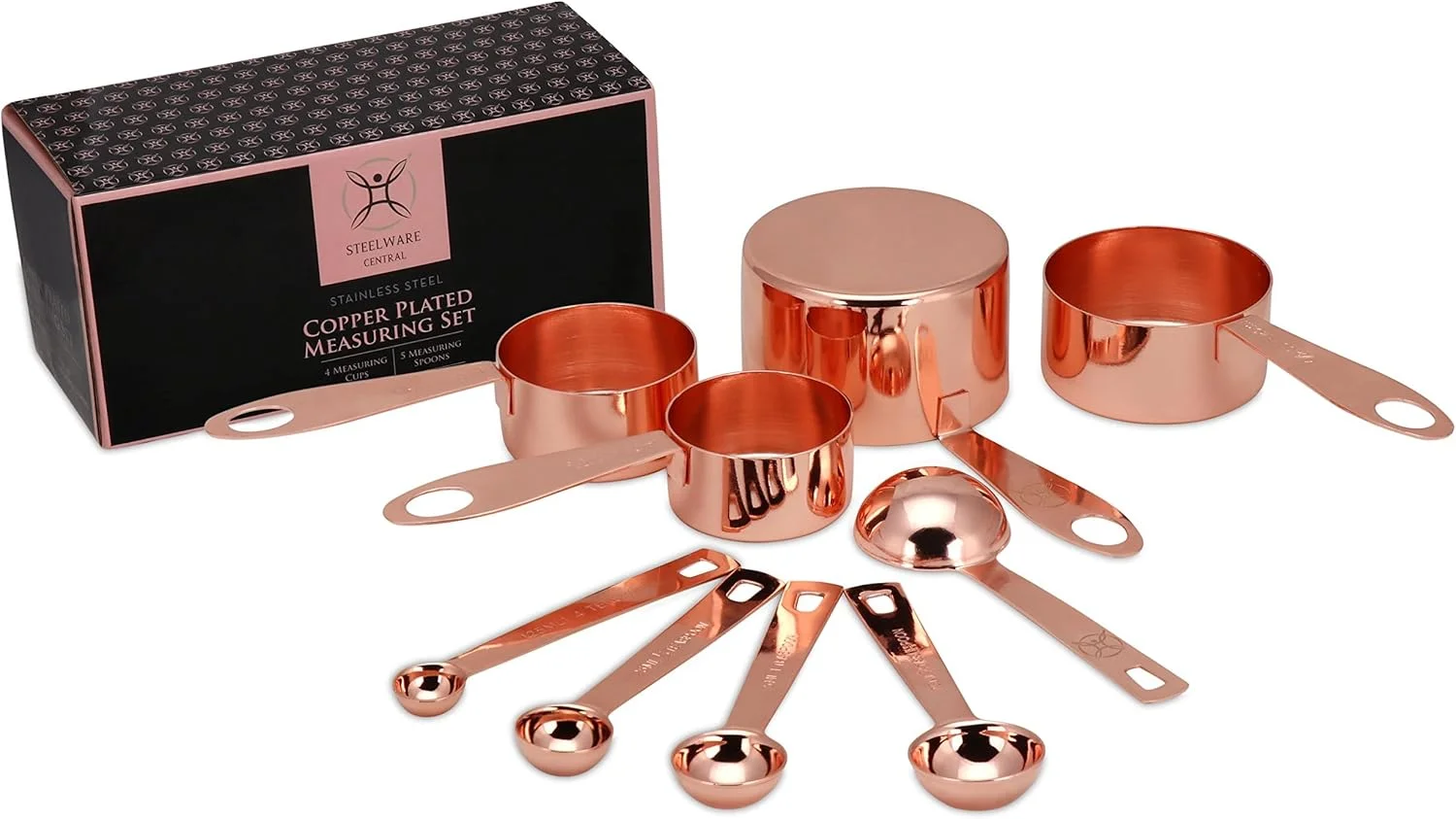 ست پیمانه و قاشق اندازه گیری مسی Steelware Central، 9 تکه | روکش مس استیل ضد زنگ | رزگلد | علائم حک شده | ابزار آشپزخانه پخت و پز تودرتو و قابل چیدن | ست پیمانه و قاشق اندازه گیری مسی Steelware Central، 9 تکه | روکش مس استیل ضد زنگ | رزگلد | علائم حک شده | ابزار آشپزخانه پخت و پز تودرتو و قابل چیدن |