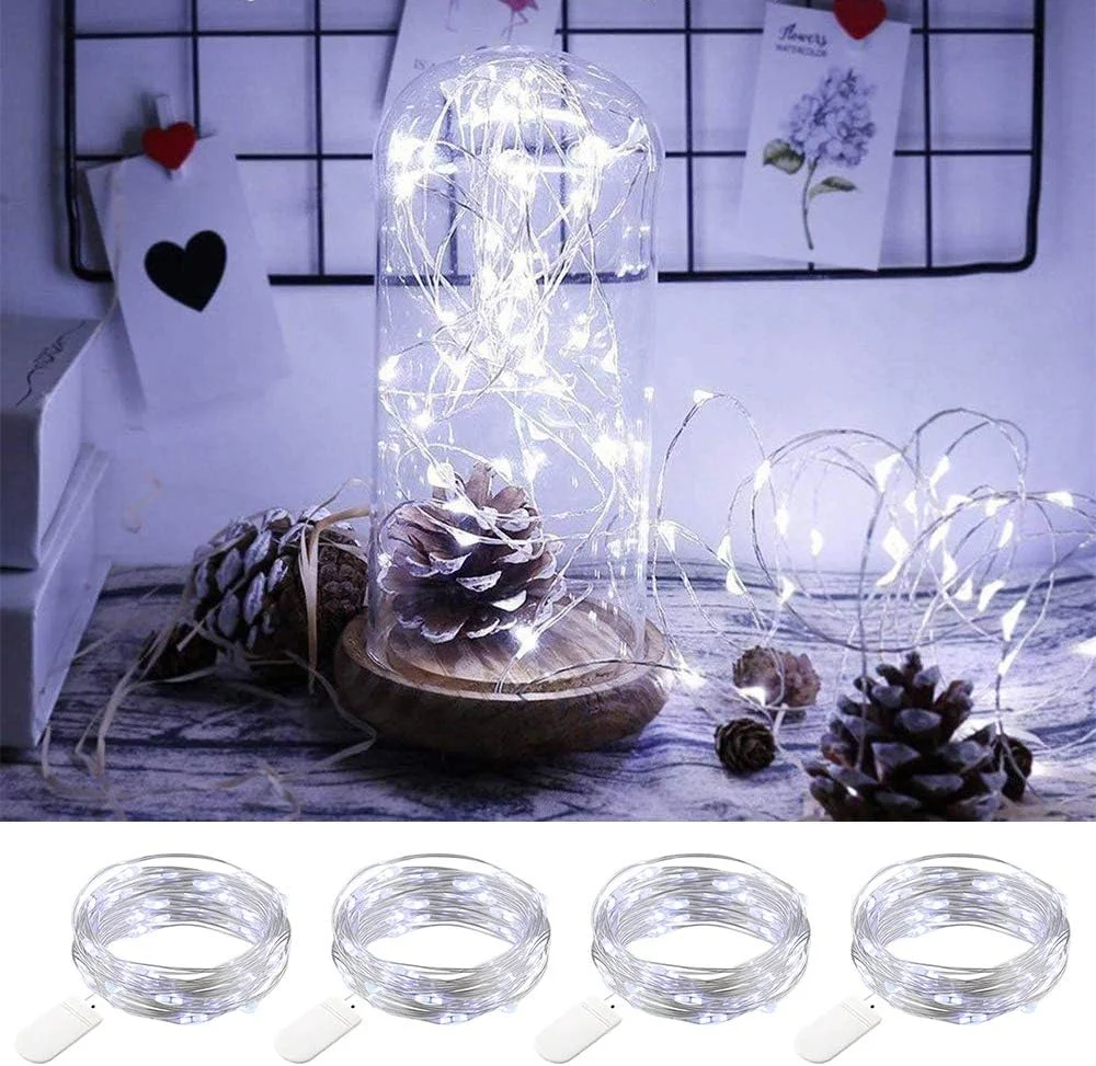 چراغ های پری ANJAYLIA بسته 4 عددی، 10 فوت 30 LED چراغ های رشته ای باتری خور ضد آب نور ماه سفید سرد روی سیم نقره ای چراغ های شب تاب برای DIY، دکوراسیون منزل، مهمانی