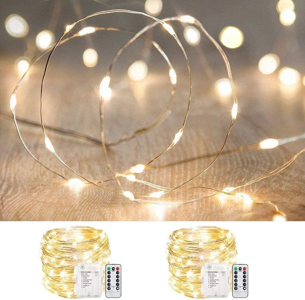 ANJAYLIA بسته 2 عددی 10 متری چراغ های پری 100 LED با باتری، چراغ های رشته ای ضد آب چشمک زن، چراغ های کرم شب تاب سیم مسی با تایمر کنترل از راه دور، سفید گرم ANJAYLIA بسته 2 عددی 10 متری چراغ های پری 100 LED با باتری، چراغ های رشته ای ضد آب چشمک زن، چراغ های کرم شب تاب سیم مسی با تایمر کنترل از راه دور، سفید گرم