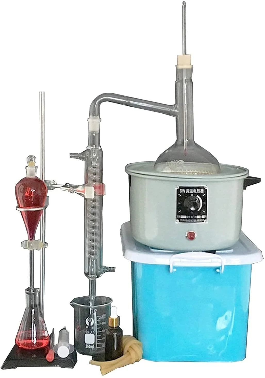 ست تجهیزات آزمایشگاهی شیمیایی Esloy Living، واحد تقطیر آزمایشگاهی، دستگاه تقطیر آب خالص روغن، ست ظروف شیشه ای با ترموستات، بخاری برقی و جعبه نگهداری ست تجهیزات آزمایشگاهی شیمیایی Esloy Living، واحد تقطیر آزمایشگاهی، دستگاه تقطیر آب خالص روغن، ست ظروف شیشه ای با ترموستات، بخاری برقی و جعبه نگهداری