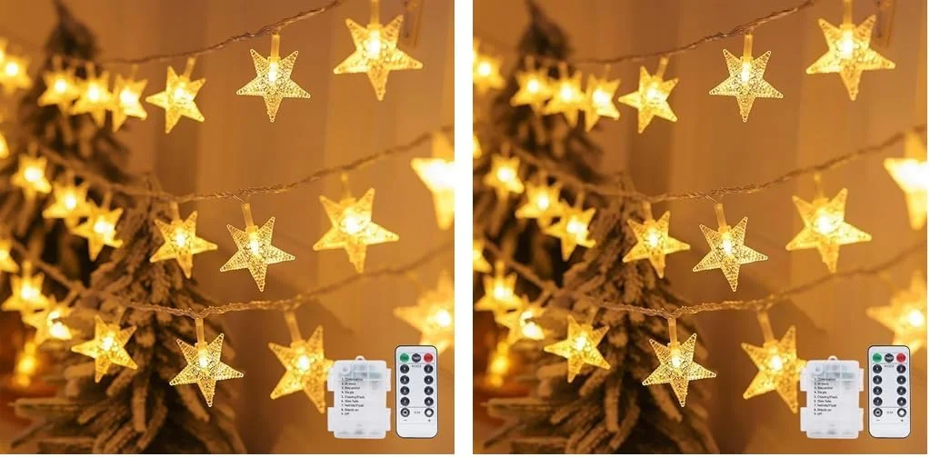 چراغ های ستاره ای تزئینی کریسمس Sulfar، چراغ های پری ستاره ای 10 متری 80LED ضد آب با باتری و کنترل از راه دور برای خانه، مهمانی، کریسمس، عروسی، تزئین باغ (سفید گرم) چراغ های ستاره ای تزئینی کریسمس Sulfar، چراغ های پری ستاره ای 10 متری 80LED ضد آب با باتری و کنترل از راه دور برای خانه، مهمانی، کریسمس، عروسی، تزئین باغ (سفید گرم)