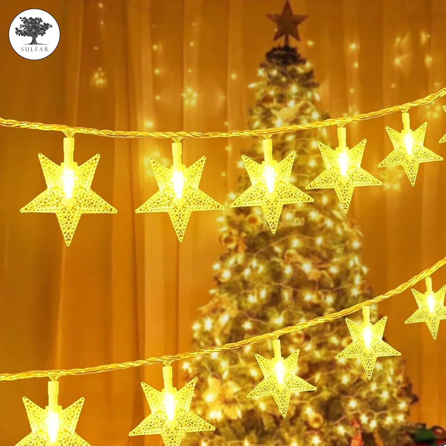 چراغهای ریسهای ستاره کریسمس Sulfar | 80 LED چراغ پری باتری خور 10 متری با کنترل از راه دور | چراغهای ستاره ضد آب برای خانه، مهمانی، عروسی، باغ و دکوراسیون کریسمس | سفید گرم چراغهای ریسهای ستاره کریسمس Sulfar | 80 LED چراغ پری باتری خور 10 متری با کنترل از راه دور | چراغهای ستاره ضد آب برای خانه، مهمانی، عروسی، باغ و دکوراسیون کریسمس | سفید گرم