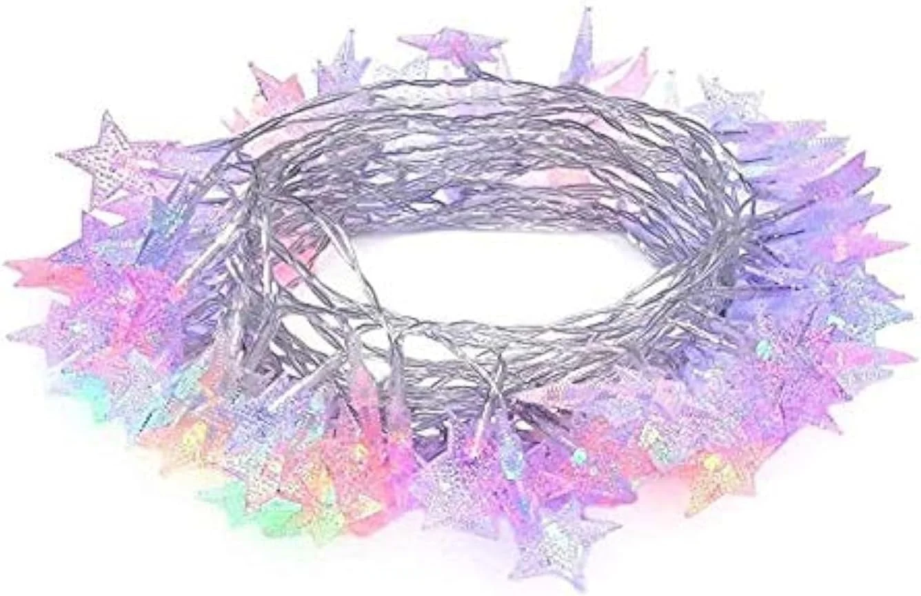 چراغ تزئینی 3 متری 20 ال ای دی با باتری طرح ستاره پنج پر، مناسب کریسمس، مهمانی، عروسی، سال نو، دکوراسیون باغ (ستاره رنگارنگ)