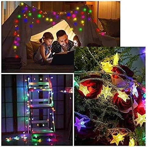 چراغ تزئینی 3 متری 20 ال ای دی با باتری طرح ستاره پنج پر، مناسب کریسمس، مهمانی، عروسی، سال نو، دکوراسیون باغ (ستاره رنگارنگ)