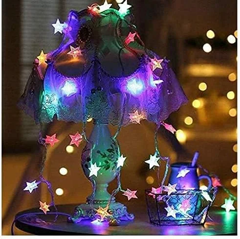 چراغ تزئینی 3 متری 20 ال ای دی با باتری طرح ستاره پنج پر، مناسب کریسمس، مهمانی، عروسی، سال نو، دکوراسیون باغ (ستاره رنگارنگ)
