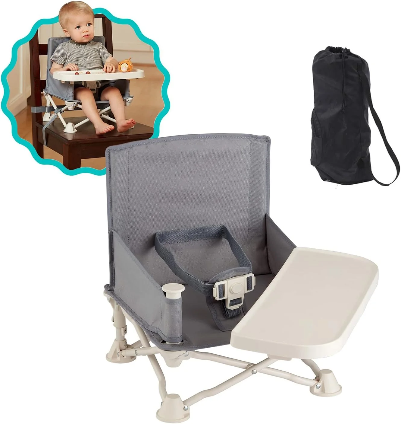 صندلی غذای کودک تاشو و قابل حمل مومو بیر، صندلی بلند مسافرتی با سینی، صندلی غذاخوری جمع و جور برای کودکان نوپا، خاکستری، 6-36 ماه