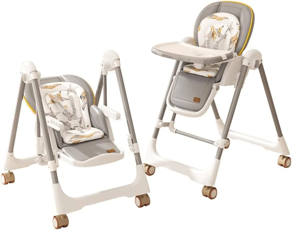 صندلی غذای کودک و راکر چند منظوره - طراحی 4 در 1، تاب ایمن 165 درجه، صندلی و سینی قابل تنظیم، ذخیره سازی تاشو، چرخ های گردان 360 درجه با ترمز پایی، سینی جداشدنی PP با درجه غذایی (خاکستری)