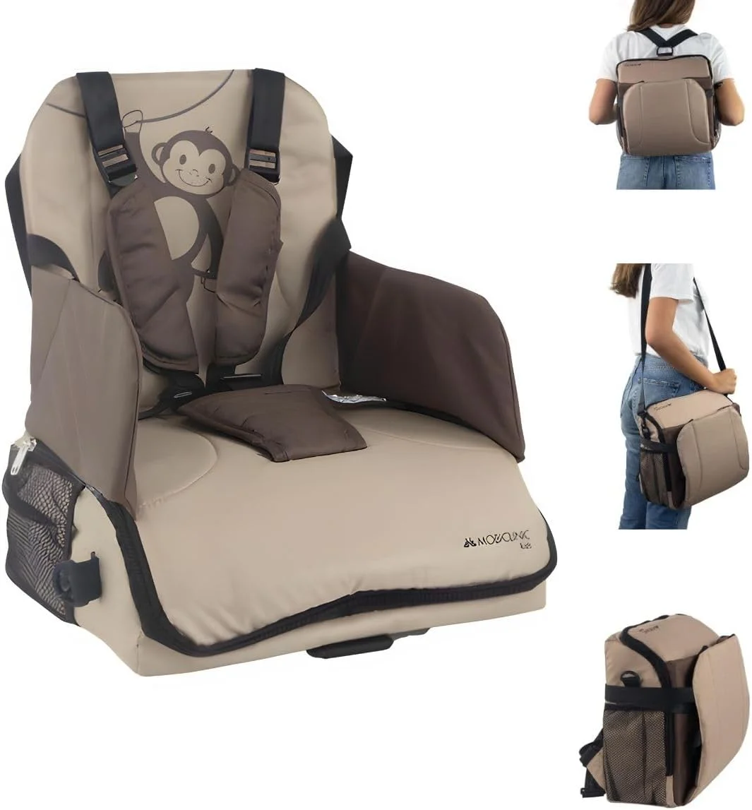 صندلی غذای کودک تاشو موبیکلینیک مدل Monkey، صندلی غذای مسافرتی، مناسب 6 تا 36 ماه، تا 15 کیلوگرم، تاشو، دارای کمربند 5 نقطه ای قابل تنظیم، دارای محفظه نگهداری، صندلی کودک، صندلی نوزاد (بژ)