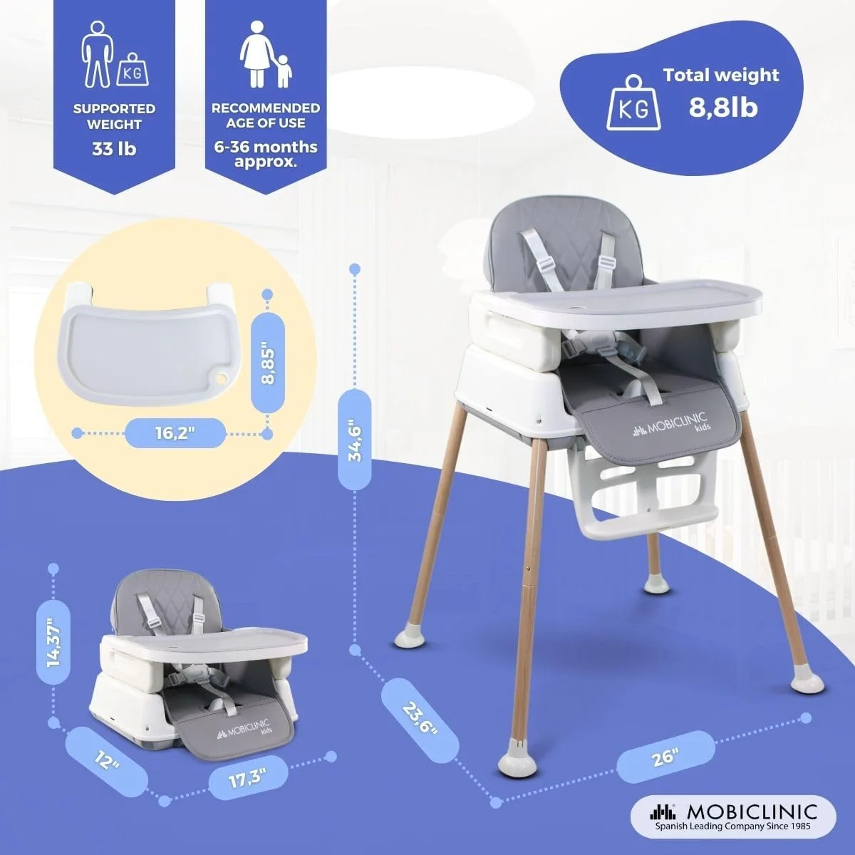 صندلی غذای کودک موبیکلینیک® مدل Kiara، تکاملی، 3 در 1، تقویت کننده + صندلی بازی + صندلی غذا، تاشو، کمربند 5 نقطه ای، سینی قابل تنظیم، 6-36 ماه، تا 15 کیلوگرم، پارچه ضد آب