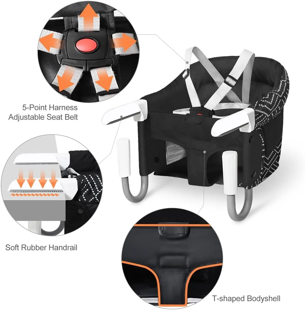 صندلی غذای کودک تاشو MTWML، صندلی قلاب دار متصل به میز، صندلی غذای کودک گیره ای کم جا، صندلی غذاخوری کودک با قابلیت تمیز کردن آسان با کیف حمل برای مسافرت (راه راه - مشکی)