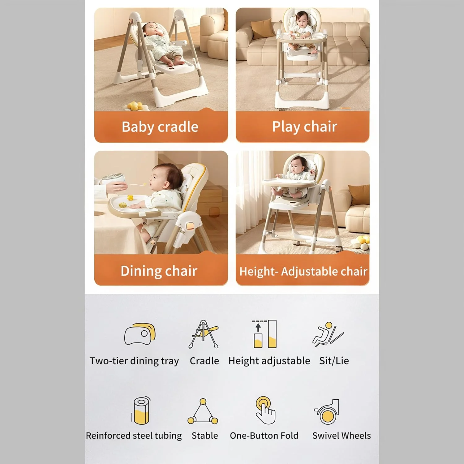 صندلی غذای کودک و راکر چند منظوره - طراحی 4 در 1، تاب ایمن 165 درجه، صندلی و سینی قابل تنظیم، ذخیره سازی تاشو، چرخ های گردان 360 درجه با ترمز پایی، سینی جداشدنی PP با درجه غذایی (خاکستری)