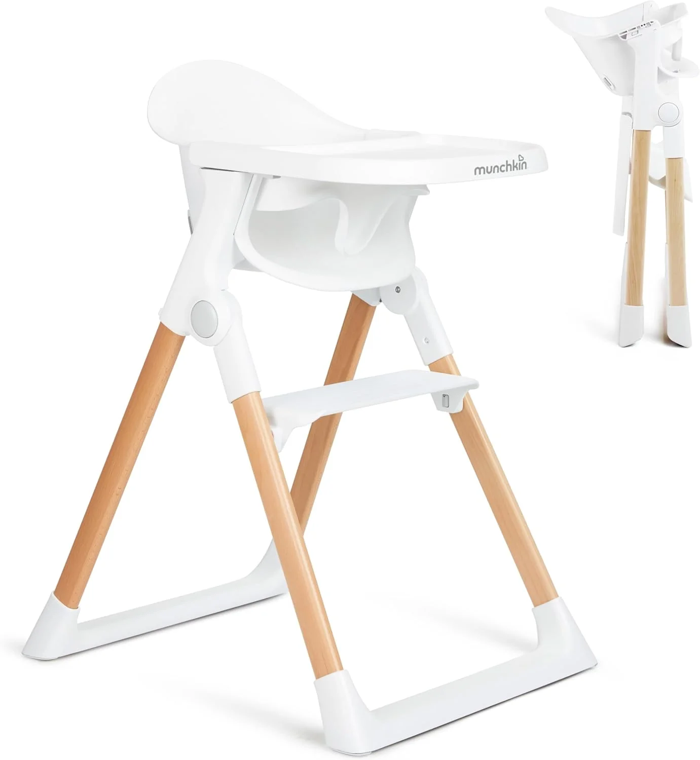 صندلی غذای تاشو و شناور کودک و نوپا مانچکین - تمیز کردن آسان، جمع و جور و سبک وزن، عالی برای فضاهای کوچک، مناسب از 6 تا 36 ماهگی (حداکثر 15 کیلوگرم)، سفید با پایه های چوبی