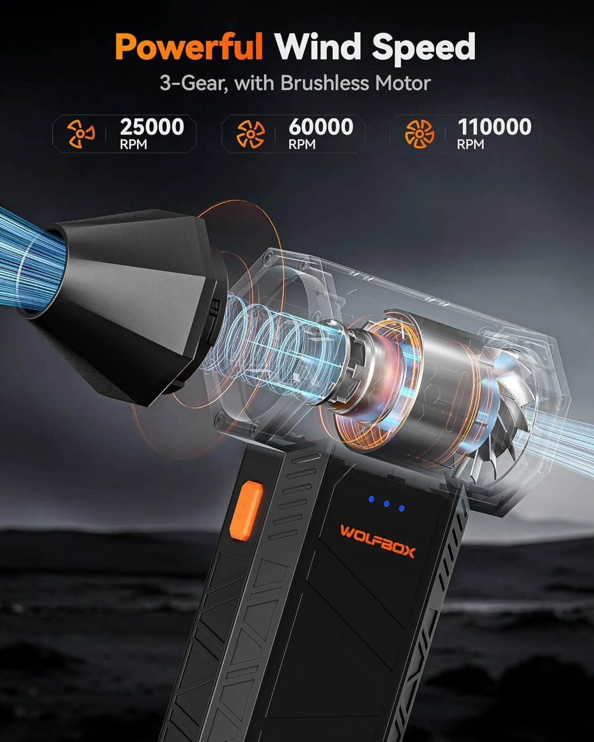 دَمنده هوای برقی WOLFBOX مدل MegaFlow 50 با سرعت 110000 دور در دقیقه، دارای 3 حالت تنظیم سرعت، بدون سیم، شارژ سریع، مناسب برای گردگیری کامپیوتر، کیبورد، خودرو، خانه و فضای باز دَمنده هوای برقی WOLFBOX مدل MegaFlow 50 با سرعت 110000 دور در دقیقه، دارای 3 حالت تنظیم سرعت، بدون سیم، شارژ سریع، مناسب برای گردگیری کامپیوتر، کیبورد، خودرو، خانه و فضای باز