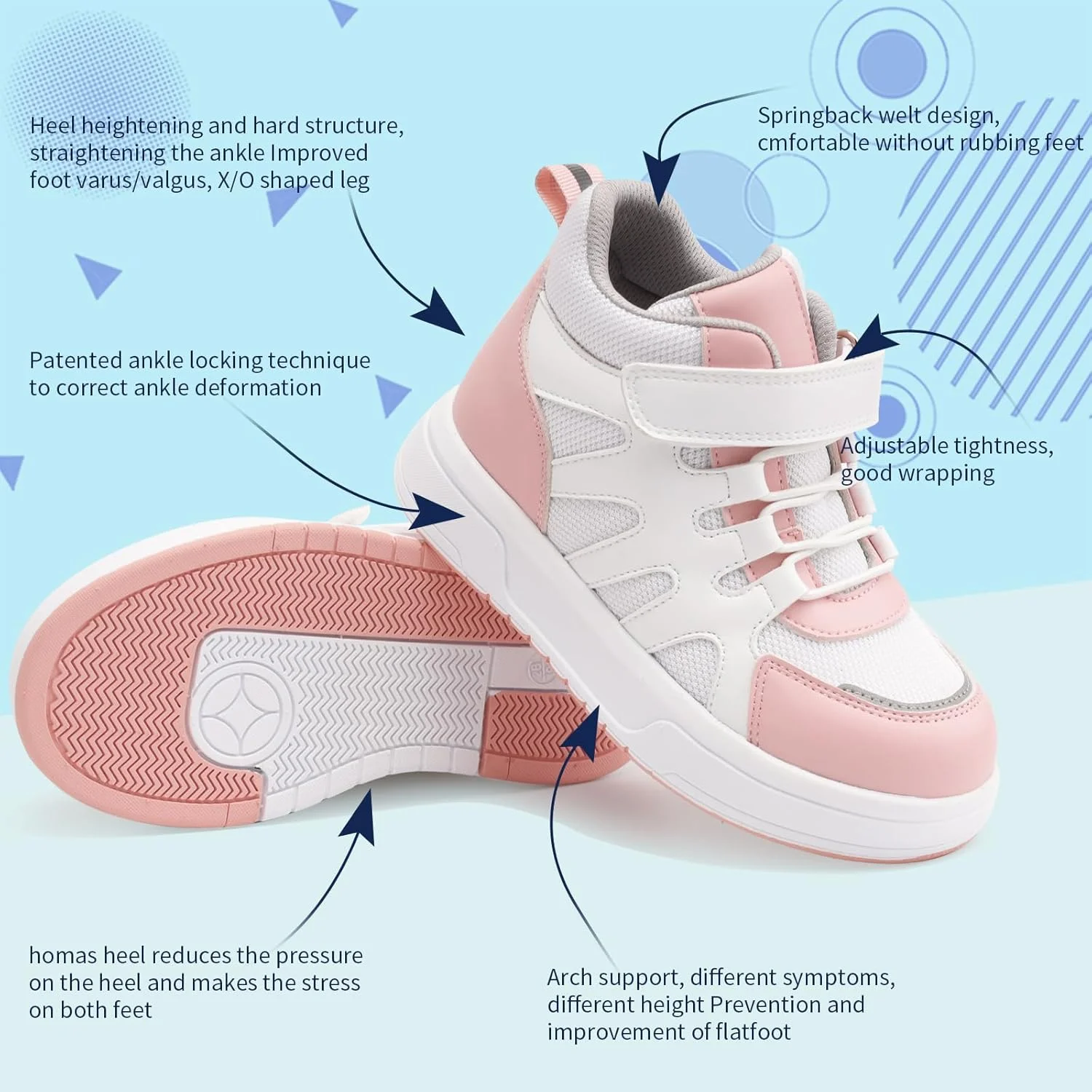 کفشهای ارتوپدی بچگانه با پشتیبانی از مچ پا و قوس، کفشهای کتانی توری تنفسی با زیره ضخیم کفشهای ارتوپدی بچگانه با پشتیبانی از مچ پا و قوس، کفشهای کتانی توری تنفسی با زیره ضخیم