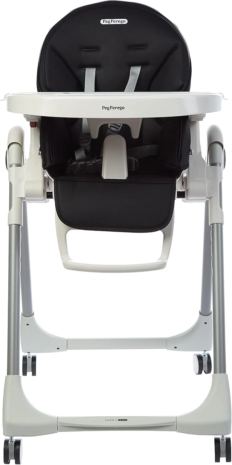 صندلی غذای کودک Peg Perego Prima Pappa Follow Me مدل Licorice - صندلی تاشو جمع و جور کودک و نوزاد با قابلیت تنظیم ارتفاع در 7 حالت مختلف، کمربند ایمنی 5 نقطه ای و چرخ، مناسب از 0 تا 36 ماهگی، مشکی