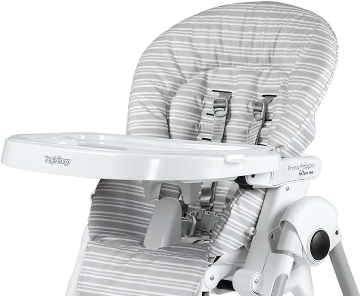 صندلی غذای کودک پگ پرگو مدل Prima Pappa Follow Me - صندلی تاشو با پشتی قابل تنظیم و زیرپایی قابل تنظیم، قابل تنظیم در 7 ارتفاع مختلف، مناسب از 0 تا 3 سال، خاکستری خطی
