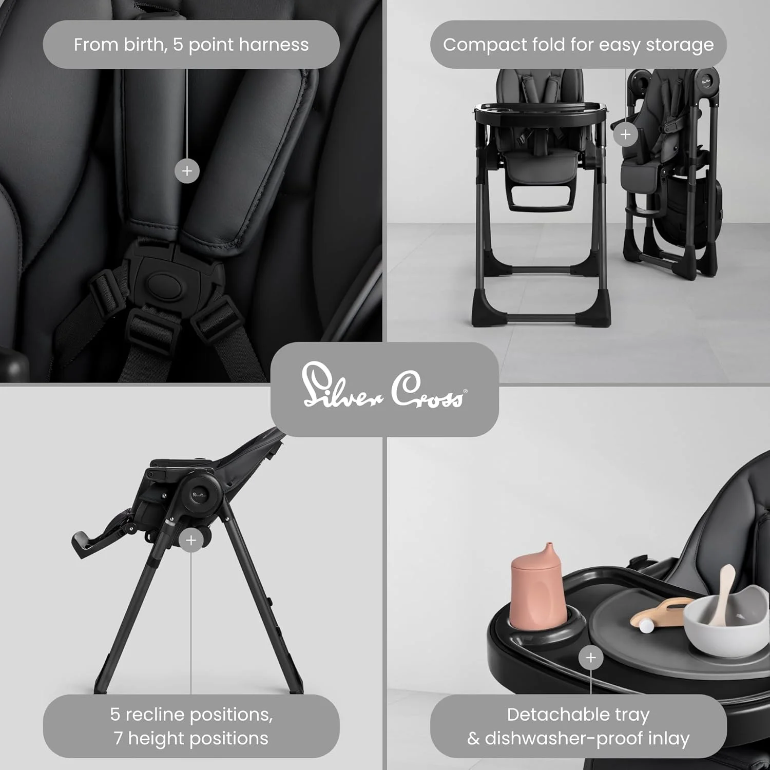 صندلی غذای کودک سیلور کراس گورمت - صندلی غذای سبک و قابل حمل برای نوزادان تا 3 سال - صندلی تاشو کودک، تمیز کردن آسان، با تکیه گاه عمیق و 7 موقعیت ارتفاع