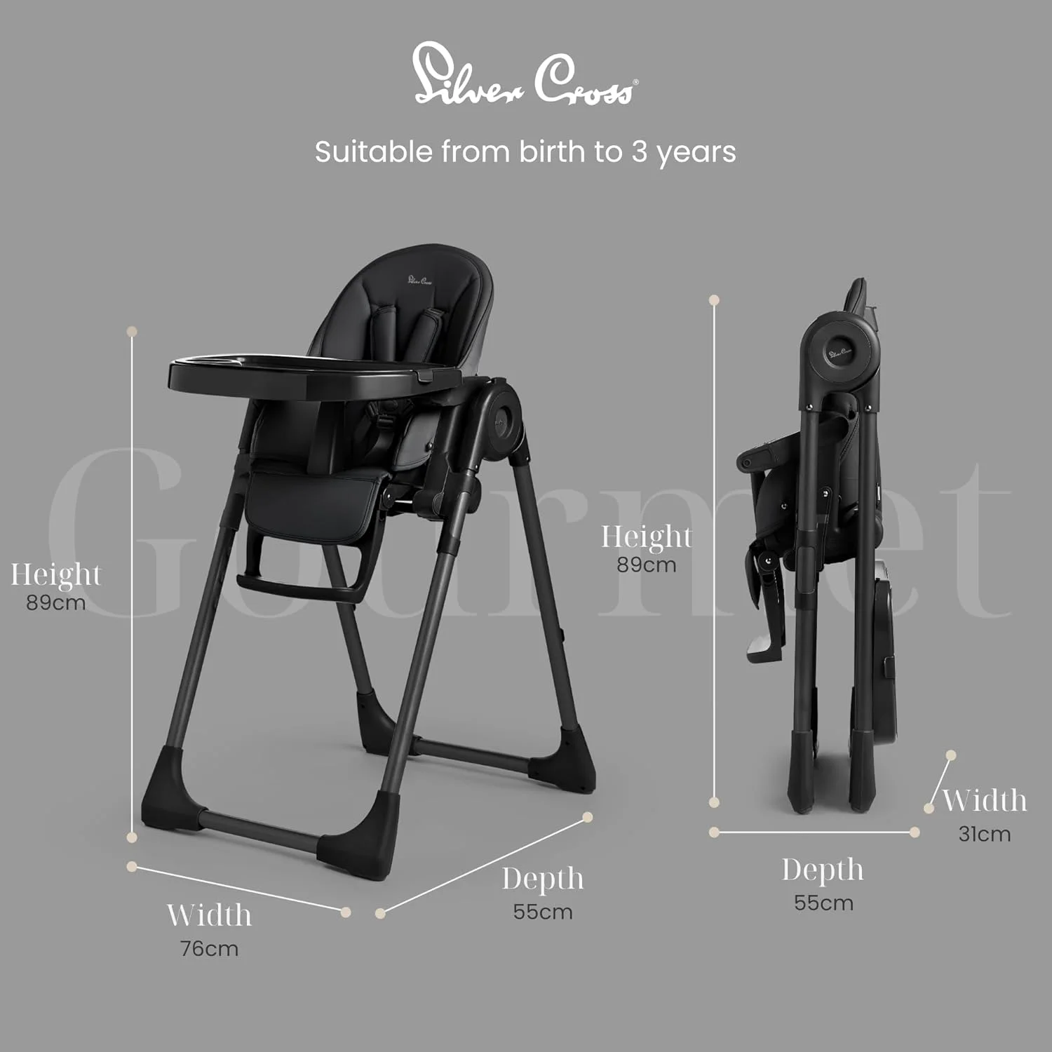 صندلی غذای کودک سیلور کراس گورمت - صندلی غذای سبک و قابل حمل برای نوزادان تا 3 سال - صندلی تاشو کودک، تمیز کردن آسان، با تکیه گاه عمیق و 7 موقعیت ارتفاع
